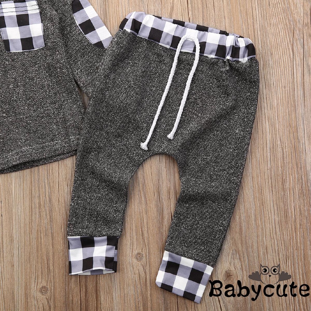 ✪B-BAutumn Winter Fashion Baby Boy Girl Kids Plaid Clothes Long Sleeve Hoodie Tops Sweatshirt Pants Outfit Set