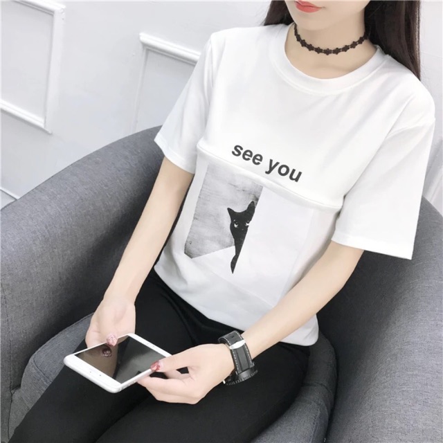 Áo phông mèo có khoá cho ti