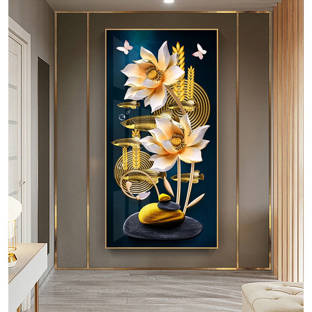 Tranh treo tường hiện đại phong thủy cá chép hoa sen chất liệu bóng kính hoặc vải canvas ca 120x240 cm 17-9-2020