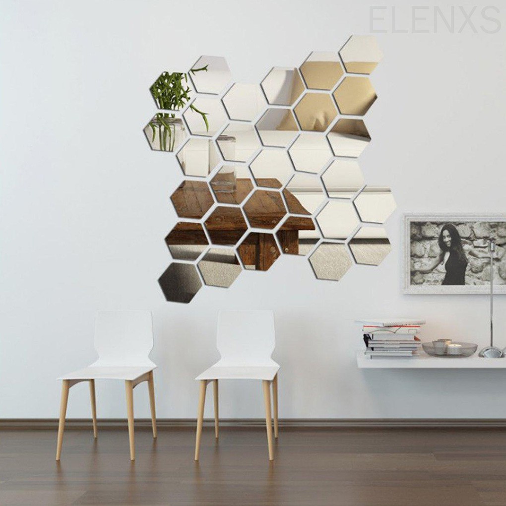 12 miếng gương dán tường hình lục giác chất liệu acrylic