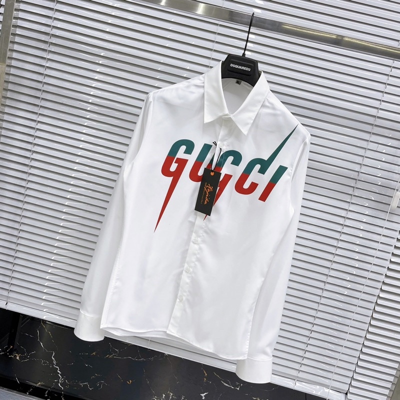 Áo sơ mi dài tay Nam lụa trắng dập chữ GG gai xanh đỏ SM21P