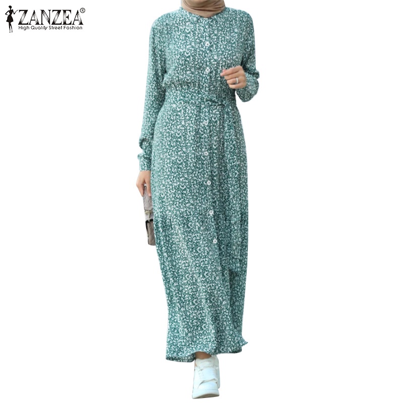 Đầm maxi ZANZEA dài tay in hoa phong cách Hồi giáo thời trang cho nữ