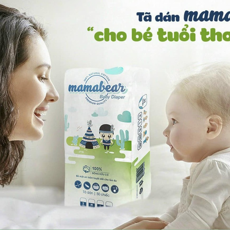 Tã dán bỉm Mamabear bông hữu cơ chống tràn an toàn cho trẻ sơ sinh S/M/50 miếng