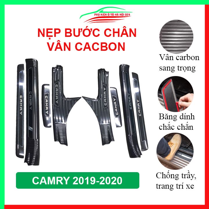 Ốp bậc cửa, nẹp bước chân Camry 2019-2020 vân cacbon chống trầy bảo vệ trang trí xe