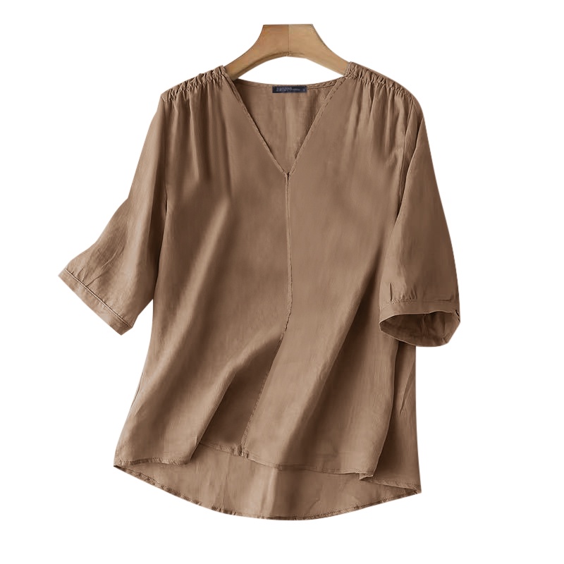 Áo sơ mi ZANZEA tay lửng cổ chữ V màu trơn phong cách vintage dành cho nữ