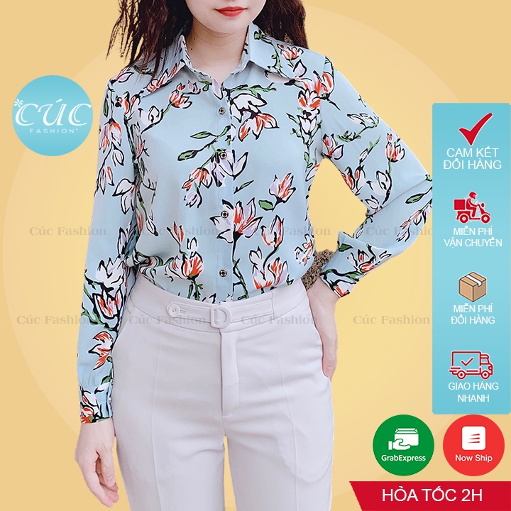 Áo sơ mi nữ Cúc Fashion somi dài tay cổ đức cao cấp vải lụa đẹp hoa đen trắng xanh thời trang công sở đi du lịch A1060