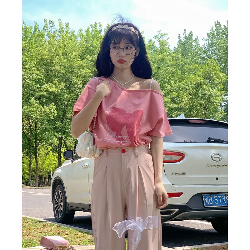 COZOK Áo Thun Tay Ngắn Dáng Rộng Trễ Vai In Hình Bướm Dễ Thương