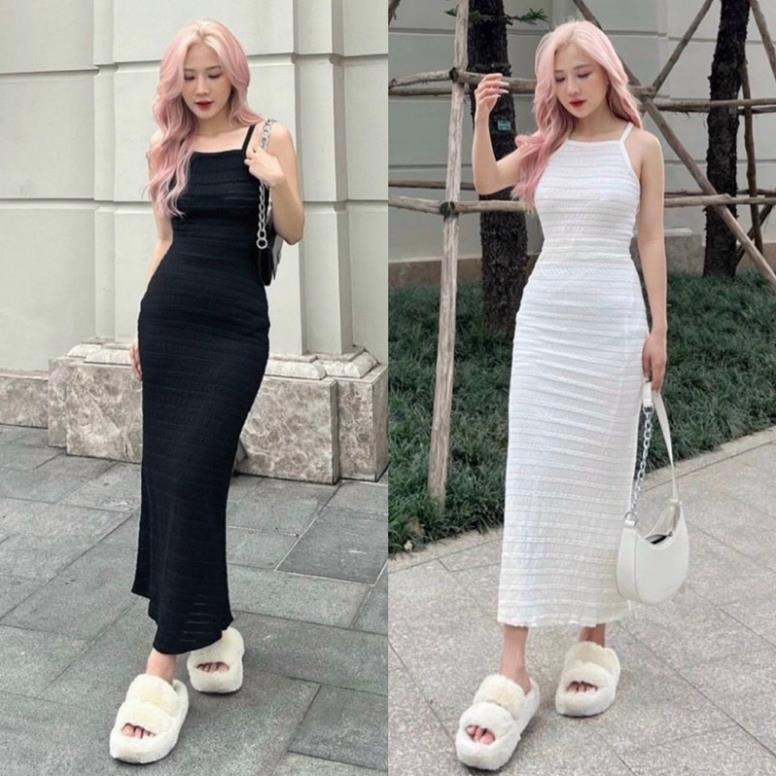 Set áo croptop yếm kèm chân váy midi bút chì 2 màu gân