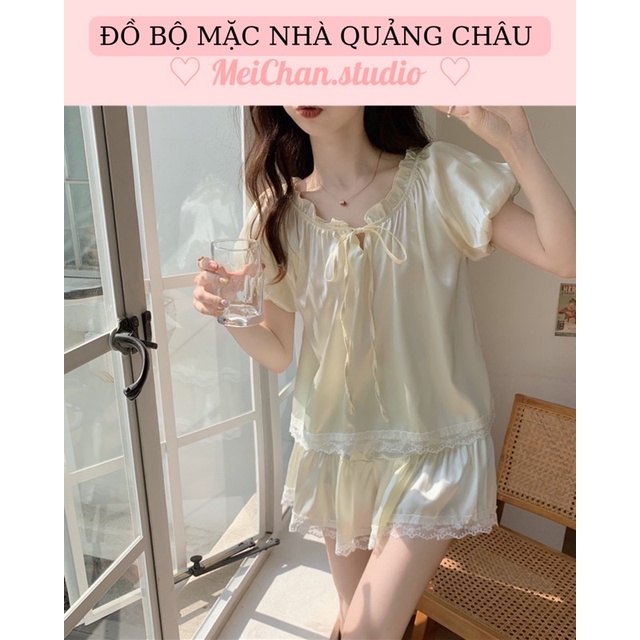 Đồ Ngủ Style Hàn Quốc_ Đồ Bộ Nữ Lụa Mặc Nhà Phối Bèo Ren Cộc Tay Ulzzang
