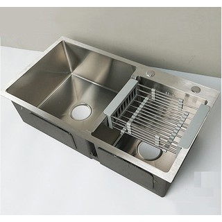 Chậu Rửa Chén Bát INOX SUS 304 2 hộc 8245 KAGAWA và Xả Chậu và Rổ Rút Đa Năng Đựng Trái Cây(INOX MỜ)