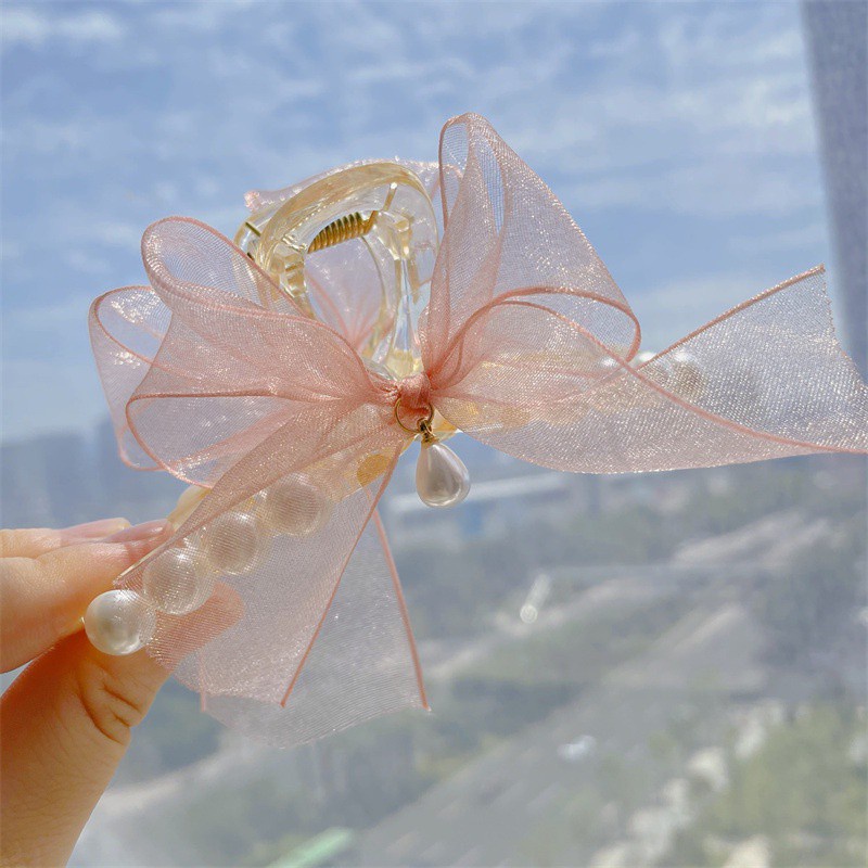 Kẹp tóc vải thắt nơ lưng đính ngọc trai phong cách hàn quốc cho nữ