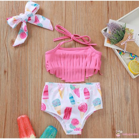 Set đồ bơi gồm áo yếm và quần short in hình que kem xinh xắn cho bé gái