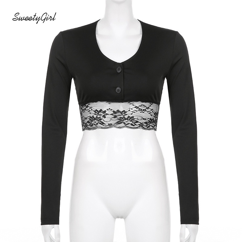 Áo Croptop Tay Dài Cổ Chữ V Màu Trơn Cài Nút Viền Ren Thời Trang Đường Phố Cho Nữ