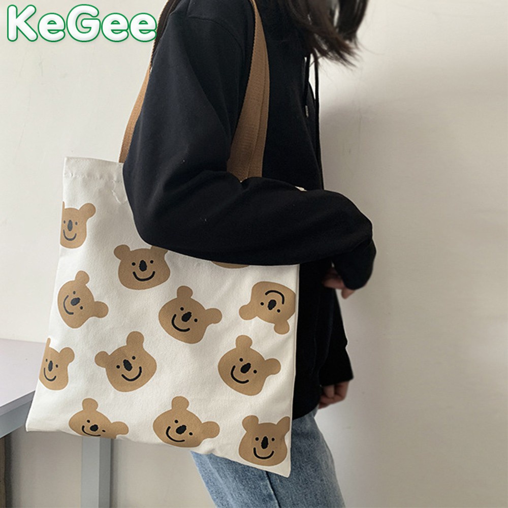 Túi Xách Canvas Đeo Vai In Họa Tiết Gấu Dễ Thương Thời Trang Cho Nữ