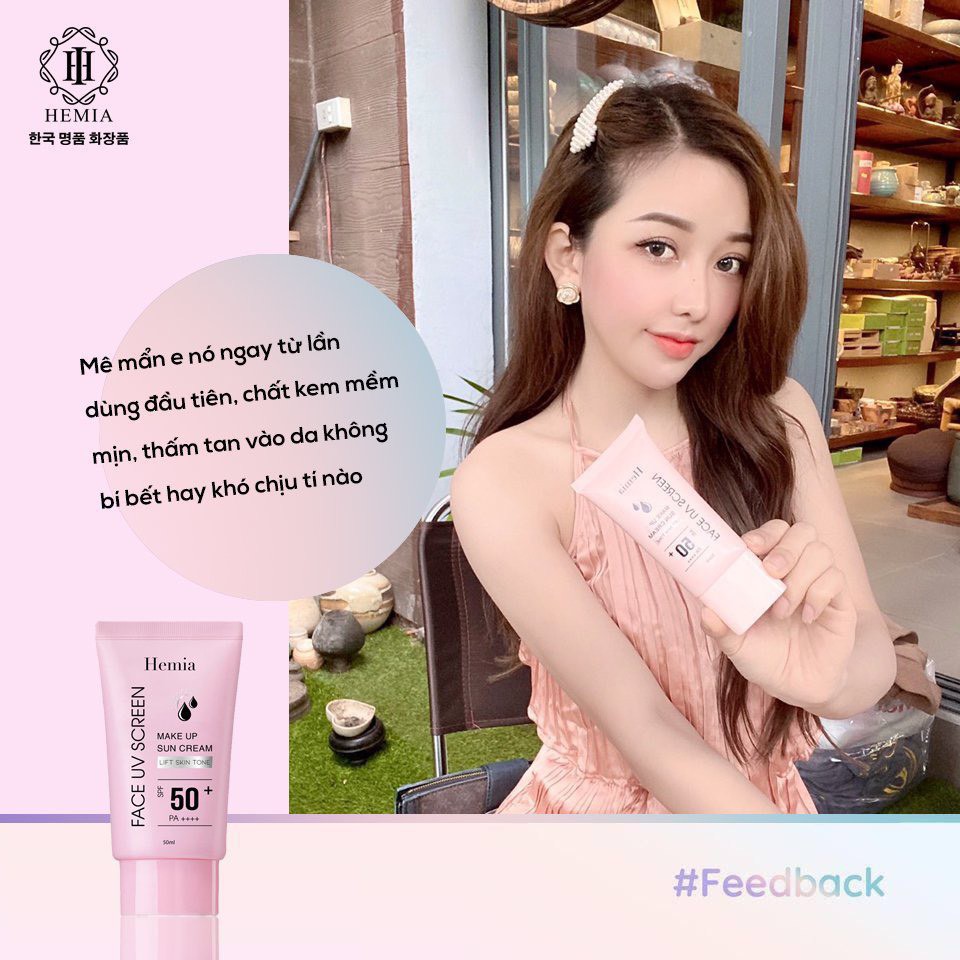 Kem Chống Nắng Hemia SPF 50+ Trắng Da Nâng Tone Makeup Da Không Nhờn Dính Bóng Dầu Hàn Quốc