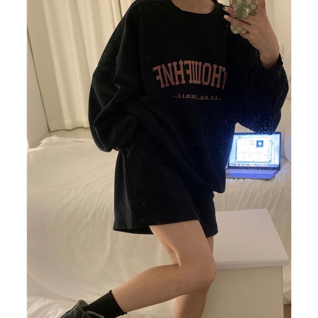 Bộ áo nỉ bông Ohto quần short - set nỉ nữ và quần short 2 màu NÂU | ĐEN
