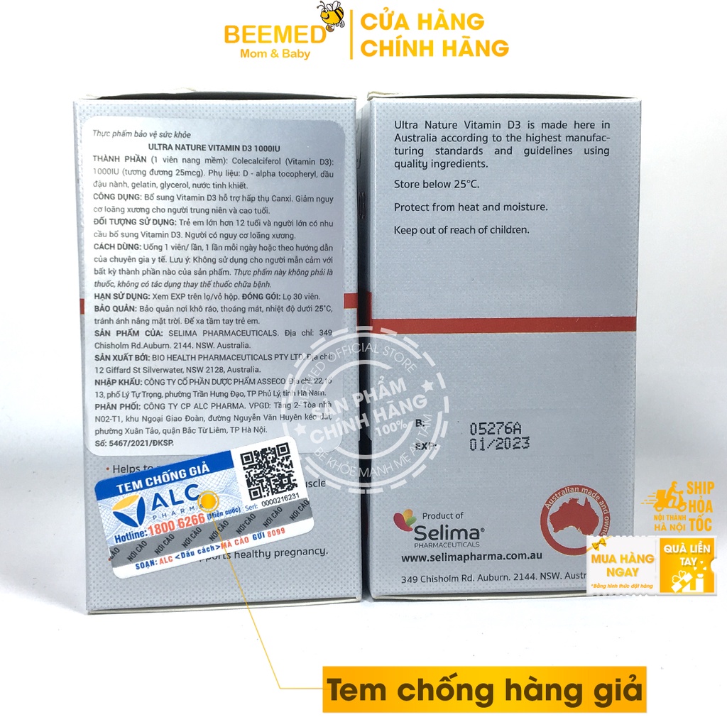 Vitamin D3 1000IU Ultra Nature - Giúp chắc khỏe xương, Tăng cường miễn dịch thêm vitamin E, Dầu đậu nành - Hộp 30 viên