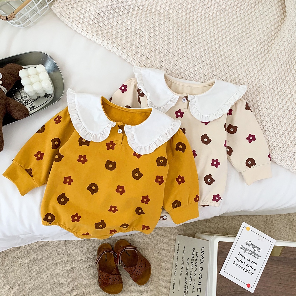 Bộ áo liền quần tay dài cổ búp bê in hoa gấu dễ thương cho bé gái