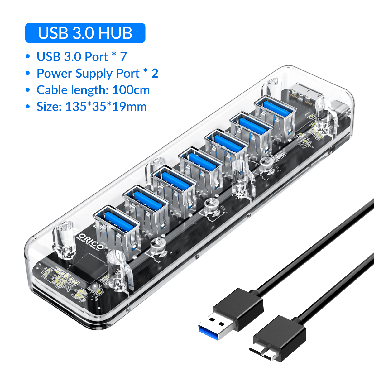 Thiết Bị Hub ORICO F7U/F4U 4-7 Cổng USB 3.0 Trong Suốt