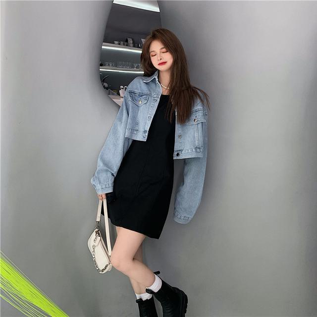 Áo khoác bò jean denim xanh dáng ngắn croptop phong cách Hàn Quốc