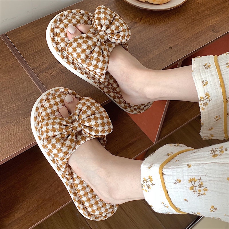Oeteo Dép cotton Lanh Đi Trong Nhà Đế Dày Thắt Nơ Kẻ Sọc Cho Nữ