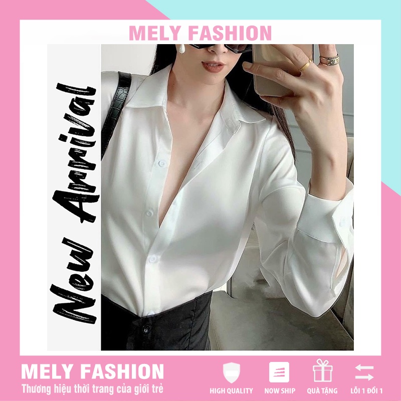 Áo sơ mi nữ lụa trắng đẹp form rộng cổ vest cao cấp phong cách công sở, sang trọng Mely's Fashion ASM02