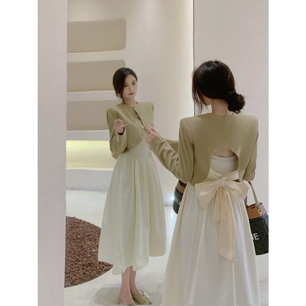 Set váy 2 dây tiểu thư kết hợp áo khoác ngoài màu be thanh lịch (Có bán lẻ)