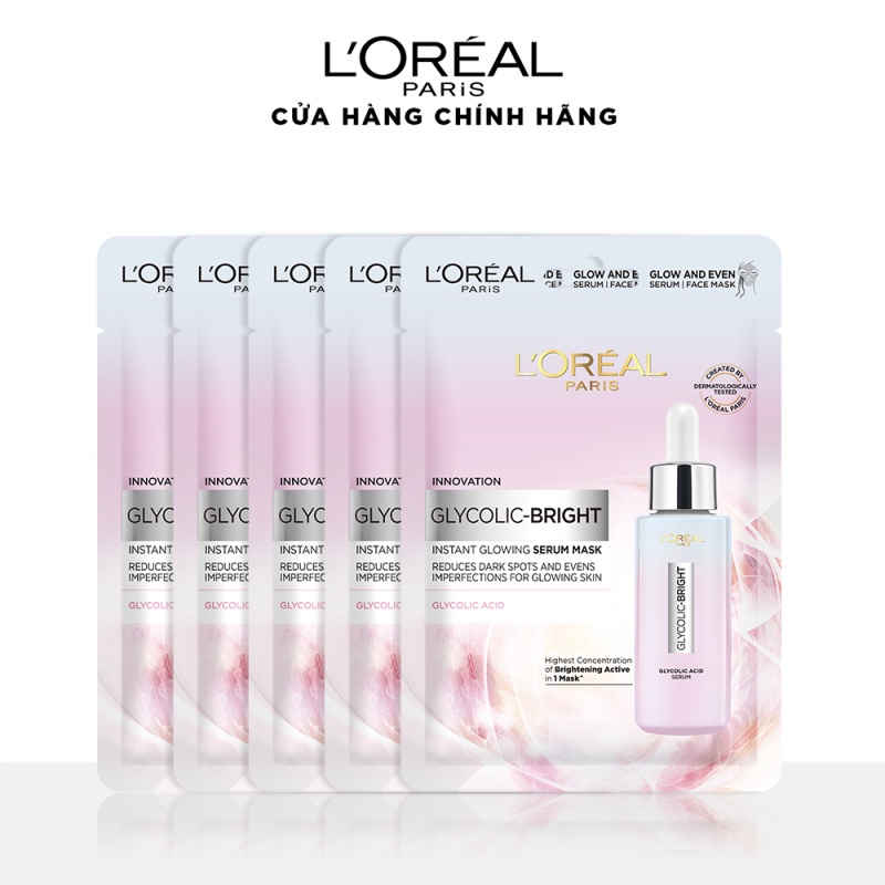 Bộ 5 mặt nạ dưỡng sáng mờ thâm nám L'Oreal Paris Glycolic (AHA) Bright 22gx5