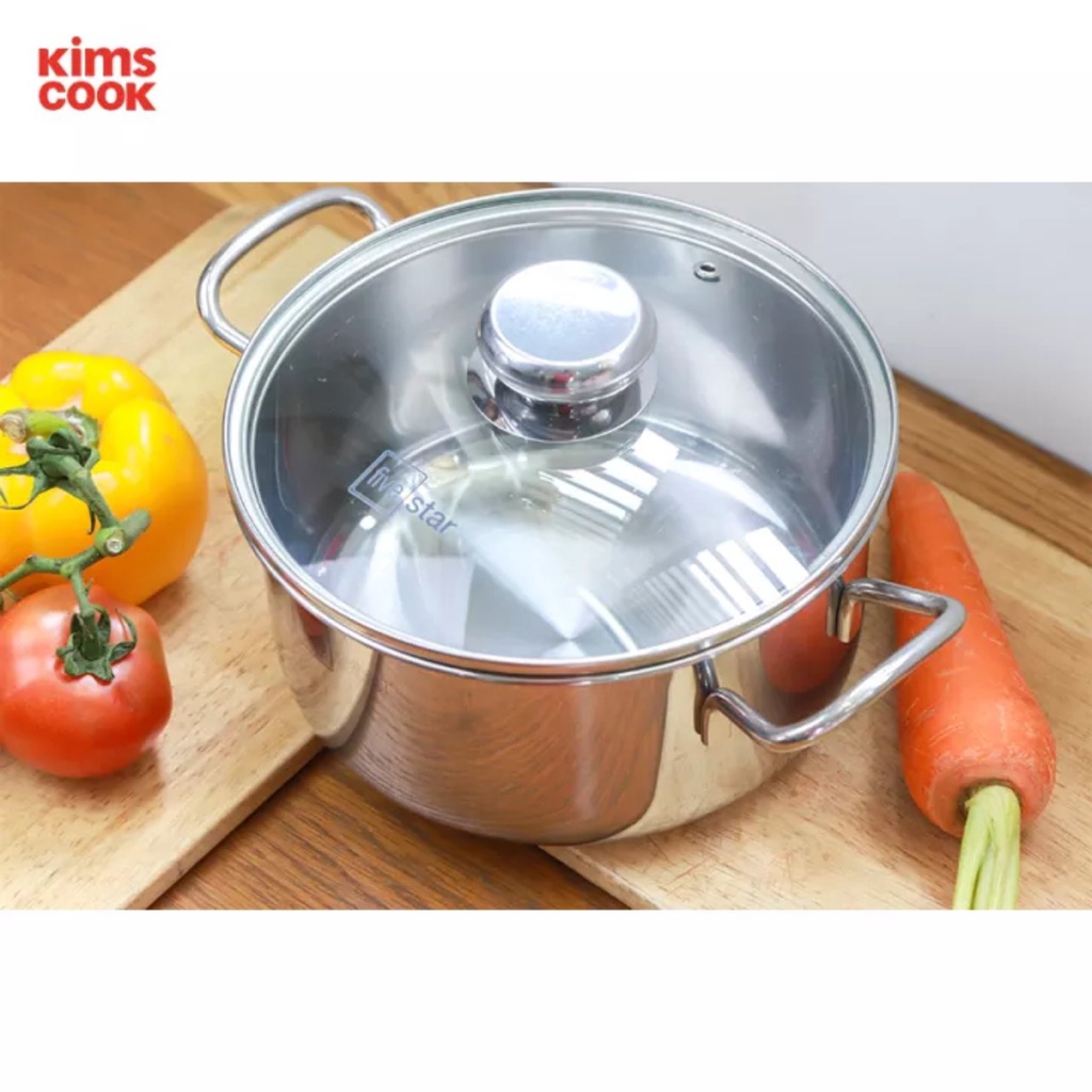 Nồi inox 430 bếp từ 3 đáy FiveStar Standard 16/18/20/24cm nắp kính(SW).Tặng 5 muỗng inox