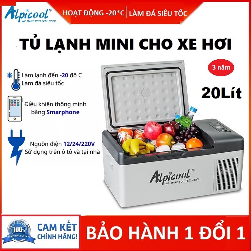 Tủ Lạnh Mini Alpicool Dành cho Ô tô 15L, Điện áp 12V, 24V, 220V, Tích hợp App điều khiển nhiệt độ bằng Smartphone