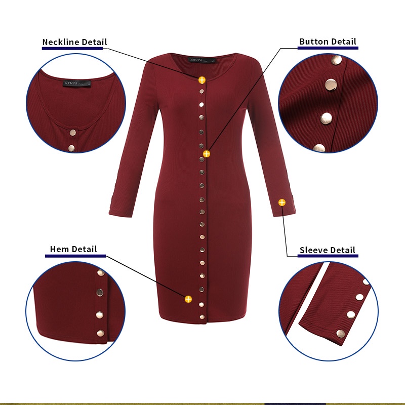 Đầm midi ZANZEA cổ tròn tay dài cài khuy màu trơn phong cách thanh lịch cho nữ