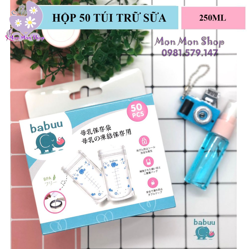 (New) Hộp 50 túi trữ sữa mẹ Babuu baby 250ml Nhật Bản 2 zip khóa