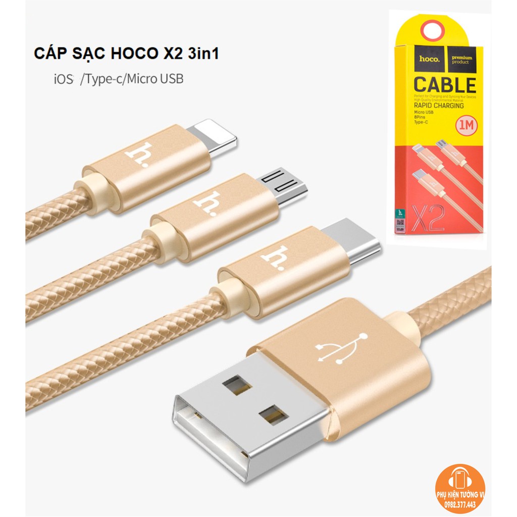 Cáp Sạc Hoco X2 3 đầu Lightning-Type C-MicroUSB (3in1) Hàng Chính Hãng