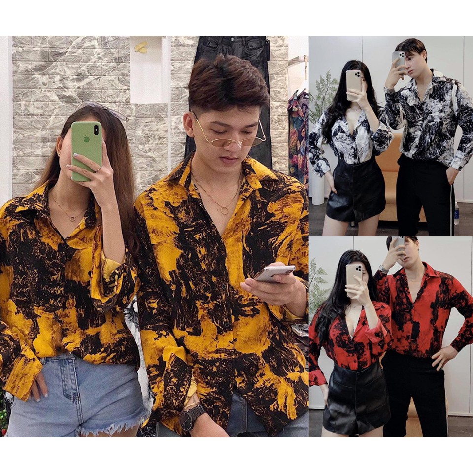 Áo sơ mi đôi nam nữ dài tay cổ bẻ họa tiết hàng hót Aru Shop
