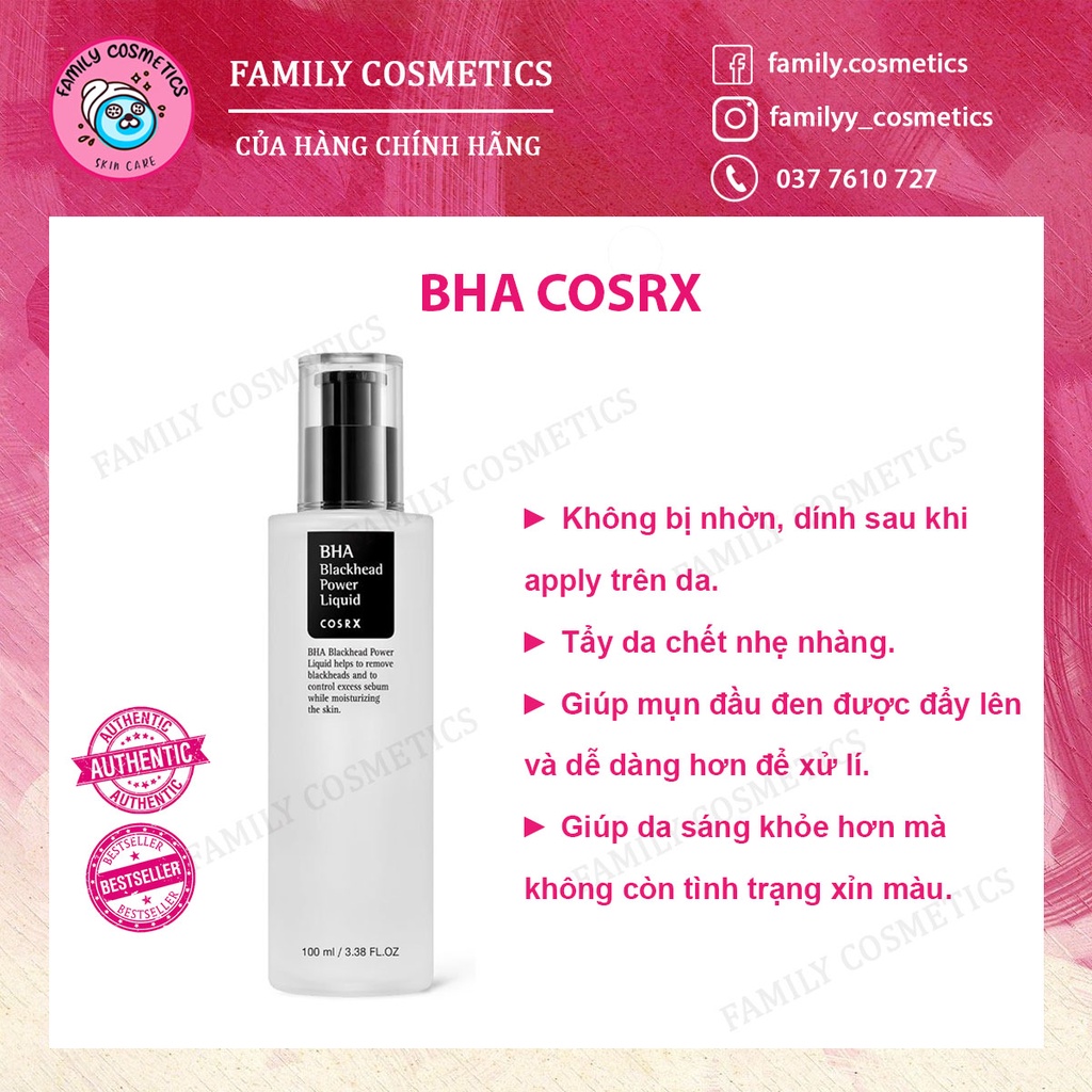 Tẩy tế bào chết hóa học COSRX BHA Blackhead Power Liquid 100ML - Family Cosmetics