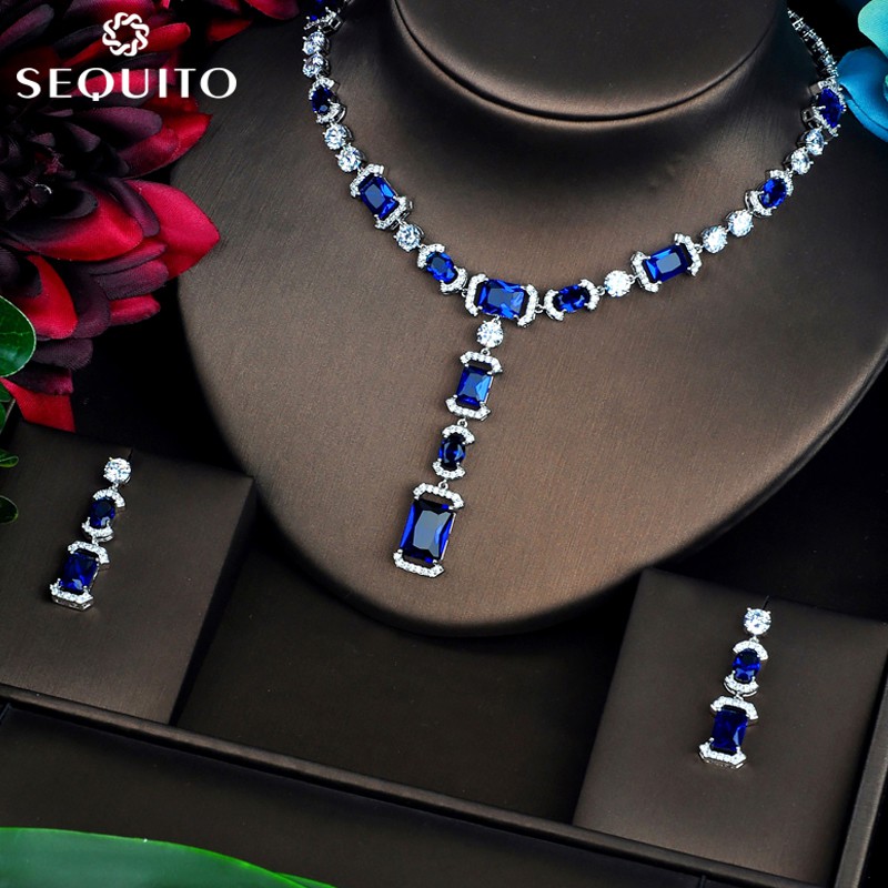 Sequito Bộ Trang Sức Cô Dâu Dáng Dài Đính Đá Zircon Xanh Lam Trắng js081