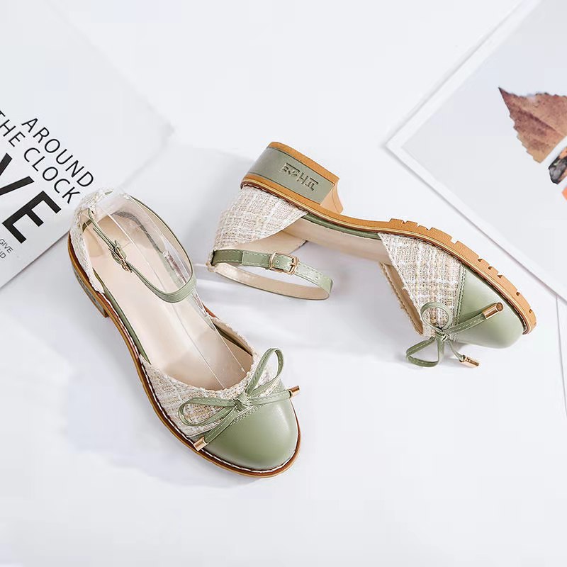 Giày Sandal Giày nữ phong cách Nhật Bản gót thô 4cm đính nơ