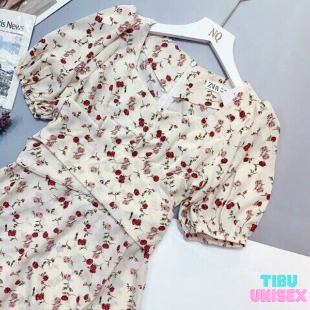 Đầm hoa nhí vintage cổ cúc body tay phồng ulzzang thắt eo tiểu thư