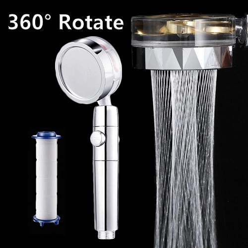 Vòi Sen Tăng Áp Cánh Quạt Turbo Xoay 360 Độ, Tay Sen Tắm Vòi Hoa Sen Tay Cầm Có Nút Nhấn Tắt nước