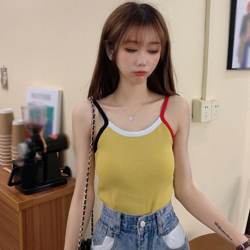 Áo Hai Dây Dệt Kim Phối Màu Tương Phản Quyến Rũ Cho Nữ