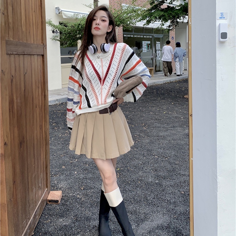 Áo Sweater Tay Dài Dáng Rộng Kẻ Sọc Cầu Vồng Thời Trang Cá Tính