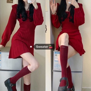 [hàng có sẵn] Đầm len trễ vai cổ vuông mặc nhiều kiểu tay phồng xinh xắn thắt nơ xếp ly/Váy đỏ mặc tết dự tiệc chụp ảnh