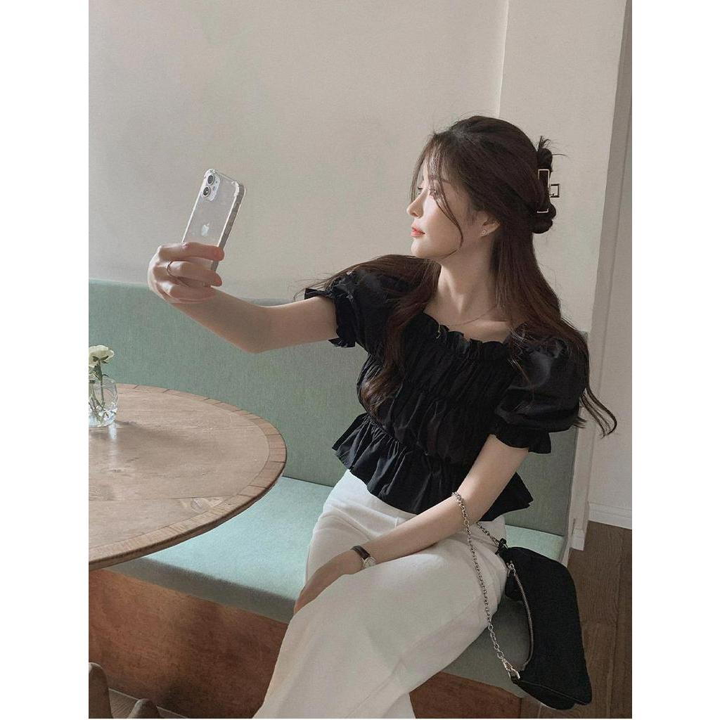 Áo Kiểu Trễ Vai Cổ Vuông Xếp Ly Tay Ngắn 51080