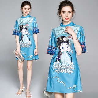 Ladies Short Sleeve Vintage Painting Cheongsam Dress 2020 Ladies Summer Elegant A-line Mini Dresses