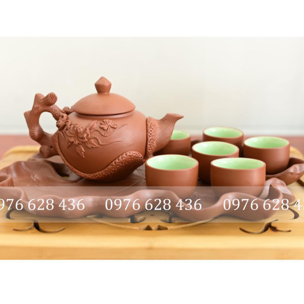 ấm chén bát tràng 🍀 𝗙𝗥𝗘𝗘 𝗦𝗛𝗜𝗣 🍀 Bộ ấm trà Tử Sa KHAY LÁ SEN dung tích 500 ml hoa văn đắp nổi gốc màu ĐỎ