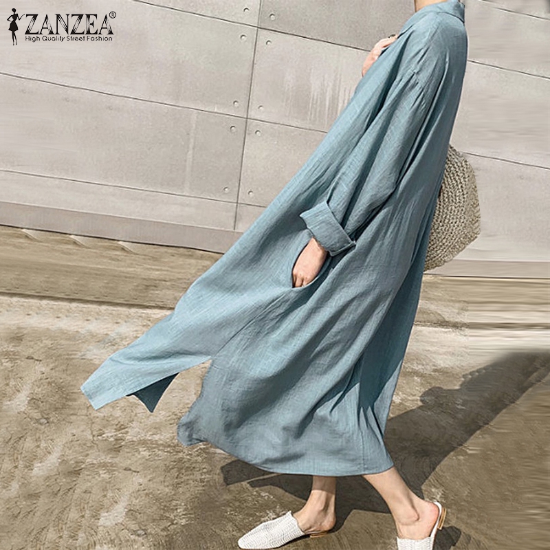ZANZEA Đầm maxi bằng cotton dài đính nút trước thời trang mùa thu cho nữ | BigBuy360 - bigbuy360.vn