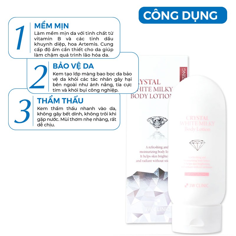 Kem Dưỡng Trắng Da Body Nâng Tone Crystal White Milk Lotion 3W Clinic Hàn Quốc giúp trắng da / dưỡng ẩm 150g