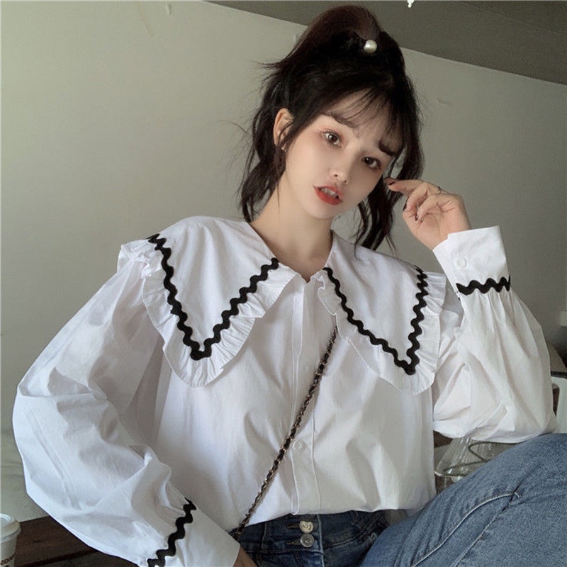 Áo sơ mi trắng tay dài dáng rộng cổ búp bê thời trang cho nữ