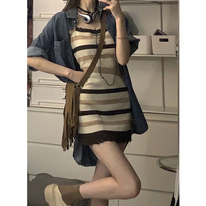 Porozi Áo khoác kaki tay dài/ đầm dáng ôm kẻ sọc  thời trang Hàn Quốc dành cho nữ