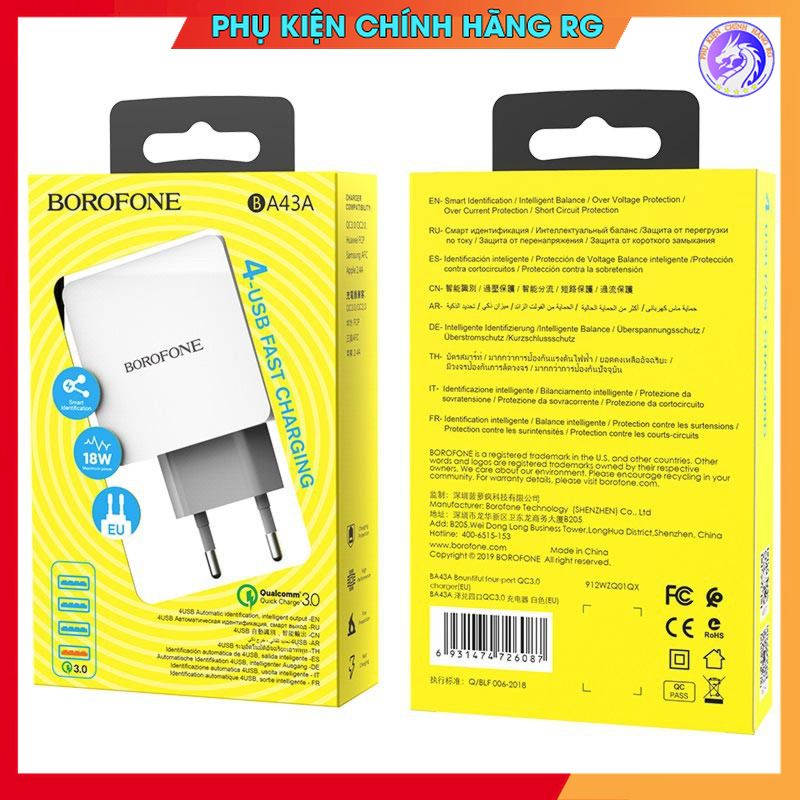 Cốc sạc nhanh 4 cổng Borofone BA43A củ sạc nhanh QC3.0 QC2.0 bảo hành 12 tháng